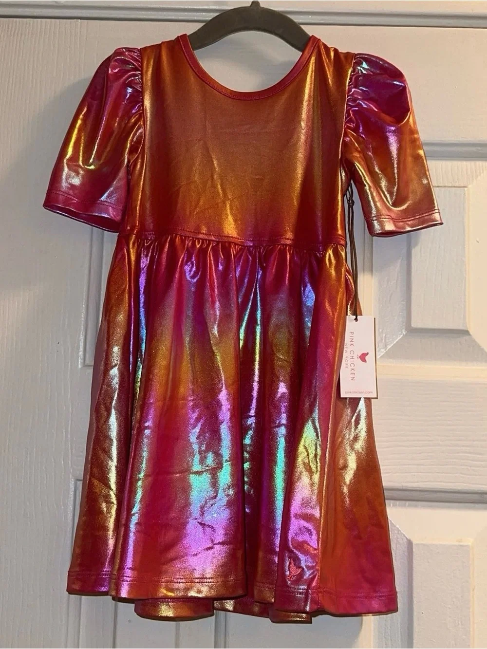 Pink Chicken NWT Girls Lame Laurie Dress in Rainbow Pink Lame Fabric